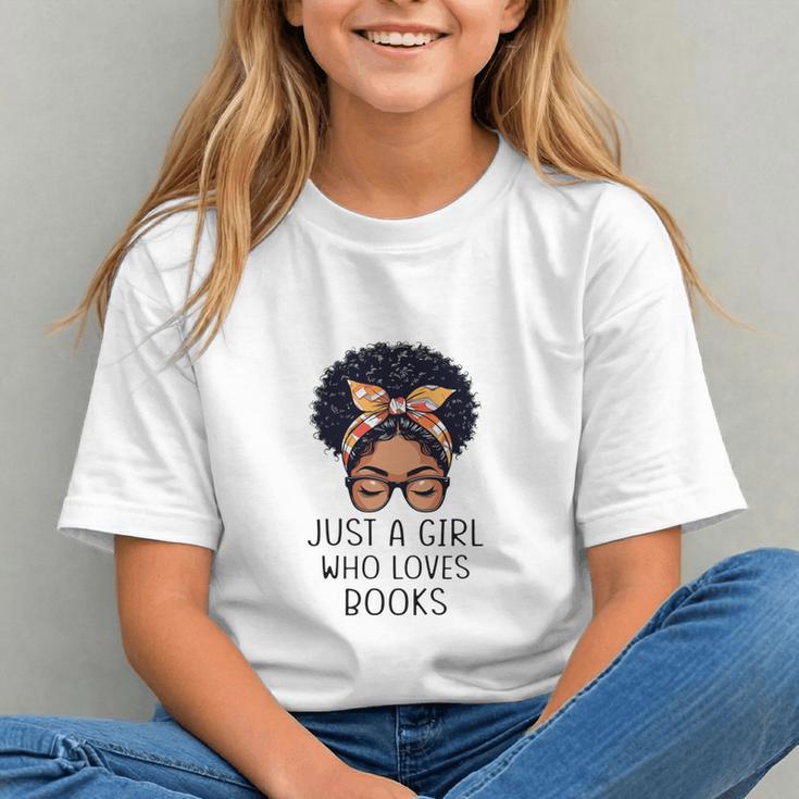 Just a Girl Who Loves Books Messy Bun Black Women Reading Graphic Youth