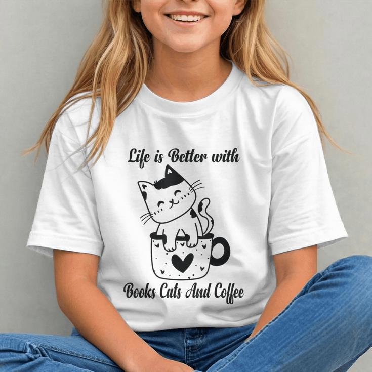 Life Is Better With Books Cats And Coffee Shirt Graphic Youth