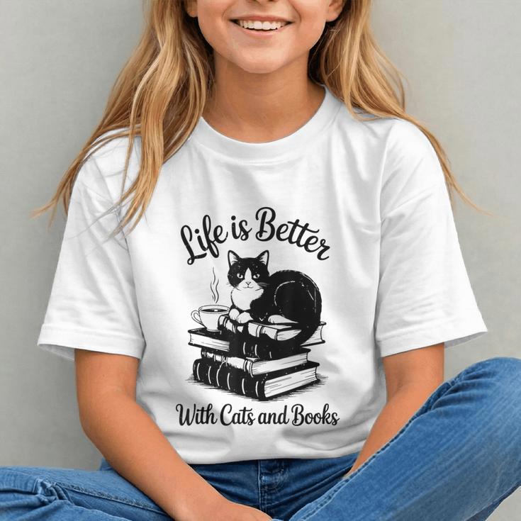 Life Is Better With Cats & Books Tuxedo Cat Mom Women Graphic Youth