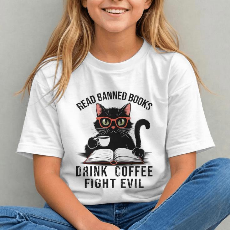 Read Banned Books Drink Coffee Fight Evil Retro Cat Graphic Youth