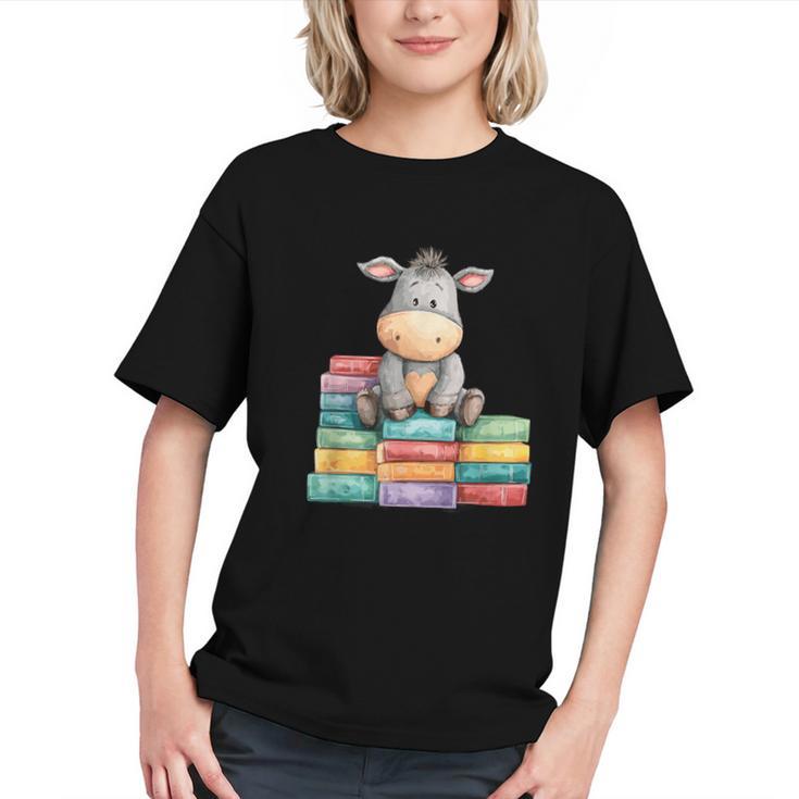 Adorable Donkey With Heart Sitting On Colorful Book Stack Graphic Youth