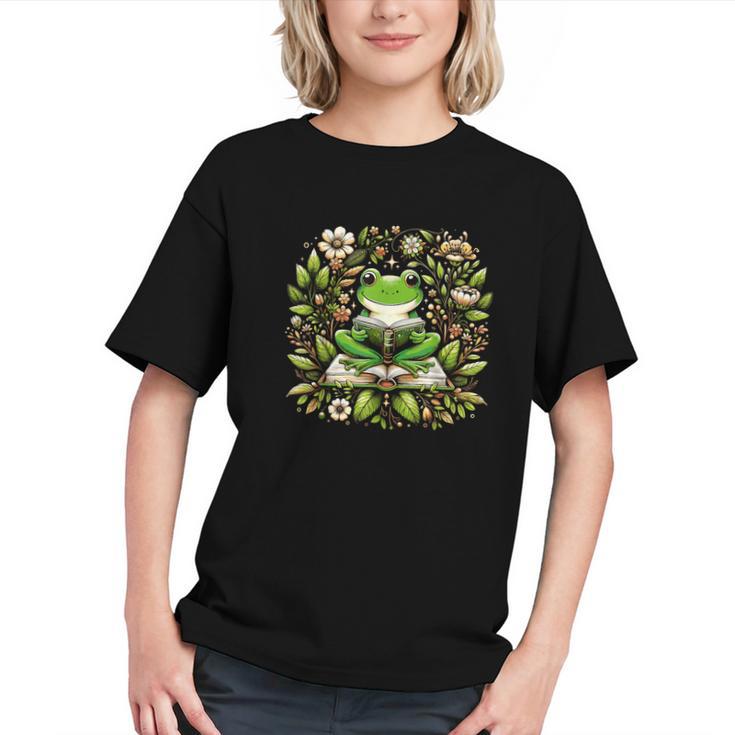Cute Floral Frog Book Reading Graphic Youth