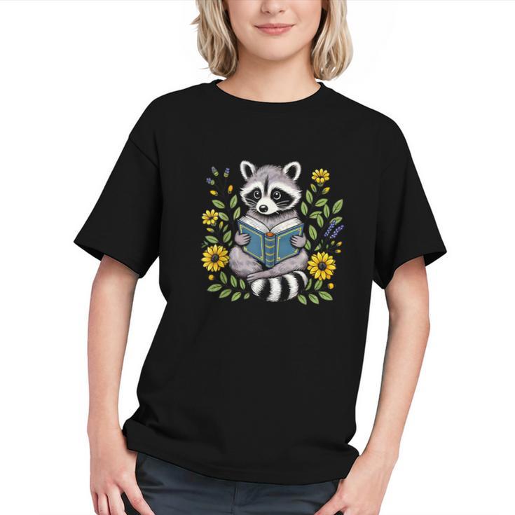 Cute Raccoon Reading Book Flowers Graphic Youth