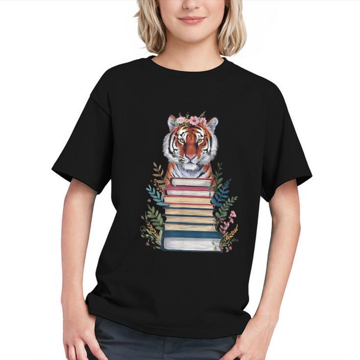 Cute Tiger With Book Floral Bookworm Librarian Book Lover Graphic Youth