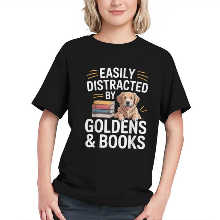 Easily Distracted By Goldens & Books Golden Retriever Dog Graphic Youth