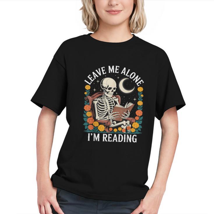 Leave Me Alone Skeleton Reading Book Floral Moon Librarian Graphic Youth