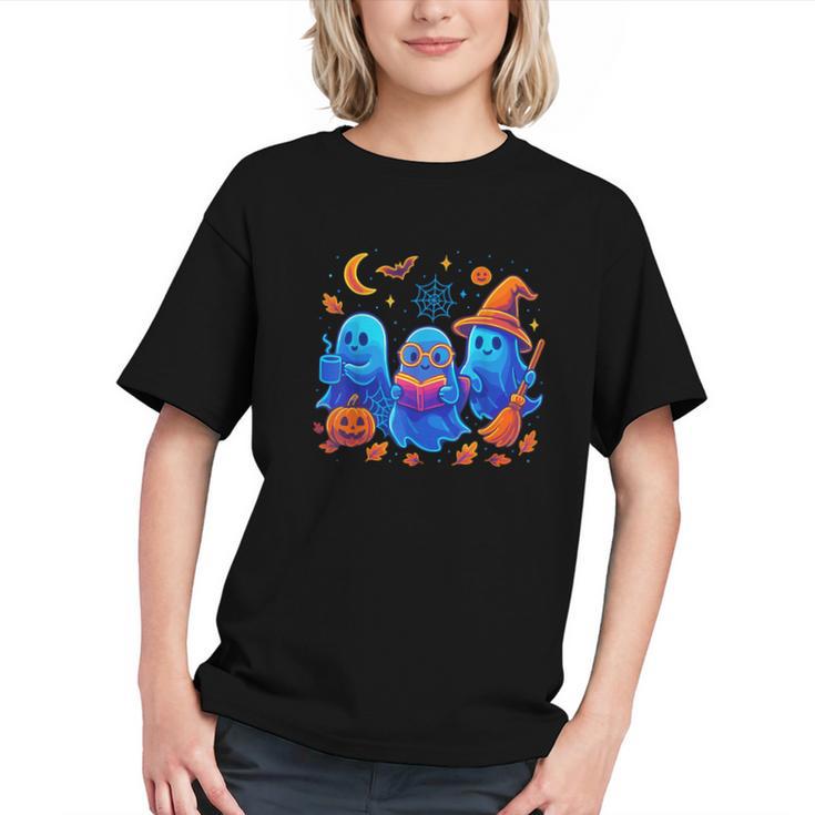 Little Ghost Coffee Tee Spooky Season Ghost Reading Book Graphic Youth