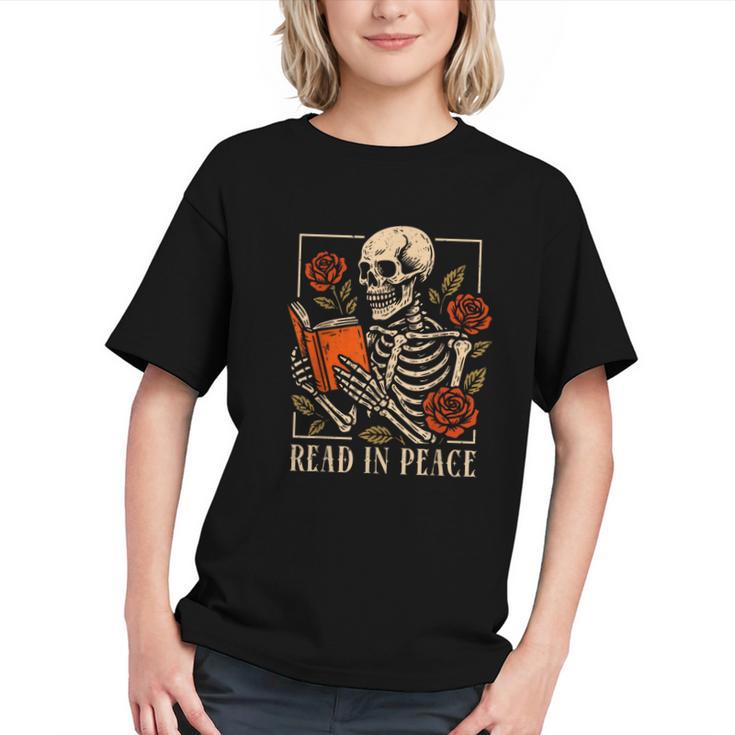 Read In Peace Skeleton Reading Book Halloween Teacher Graphic Youth