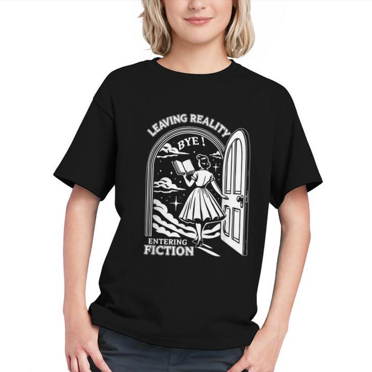Retro Trendy Bookish Book Lover Reading Quotes Leaving Reality Entering Fiction  -Adults Small Short Sleeve T-Shirt Graphic Youth