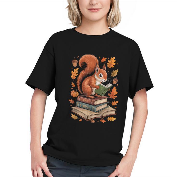 Squirrel Reading Book Lovers Fall Leaves Library Books Graphic Youth