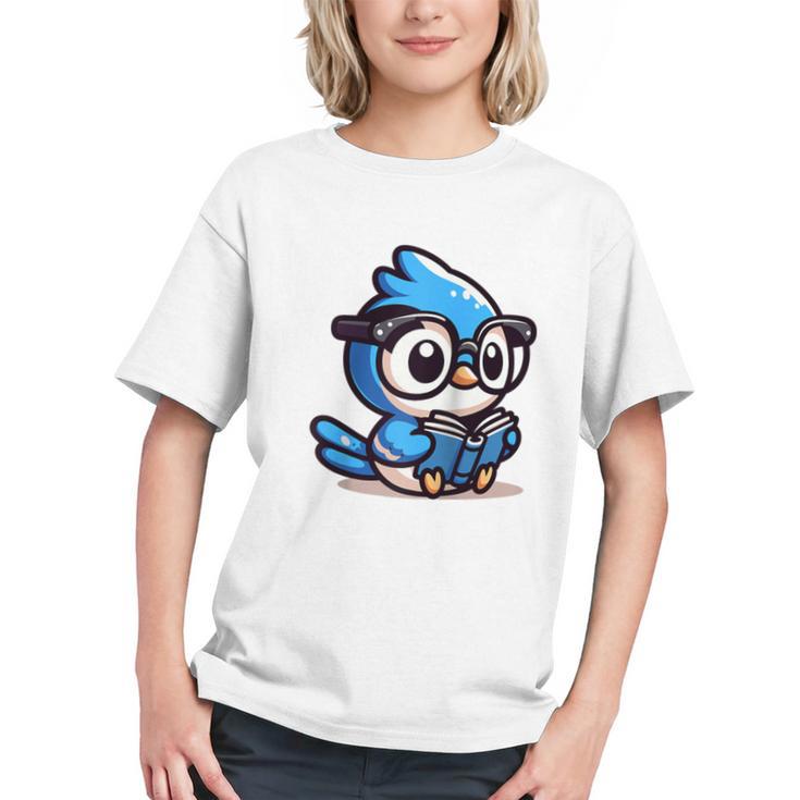 Adorable Book Lover Blue Jay With Reading Glasses Cute Raglan Baseball Tee Graphic Youth