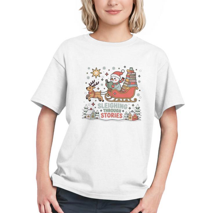 Book Lovers Winter Sleighing Through Stories Tee Premium Tri-Blend Graphic Youth