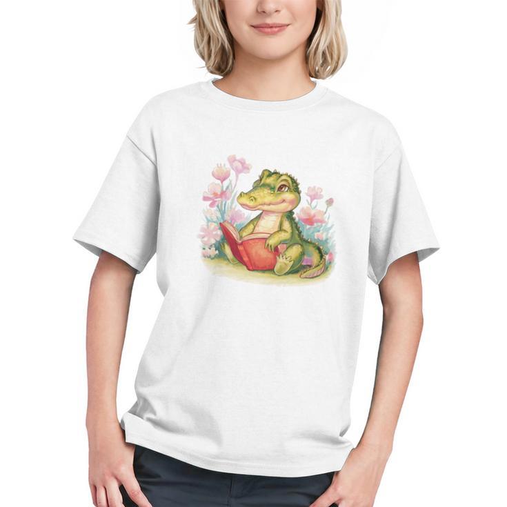 Crocodile Reading Book Watercolor Flowers Kids Graphic Youth
