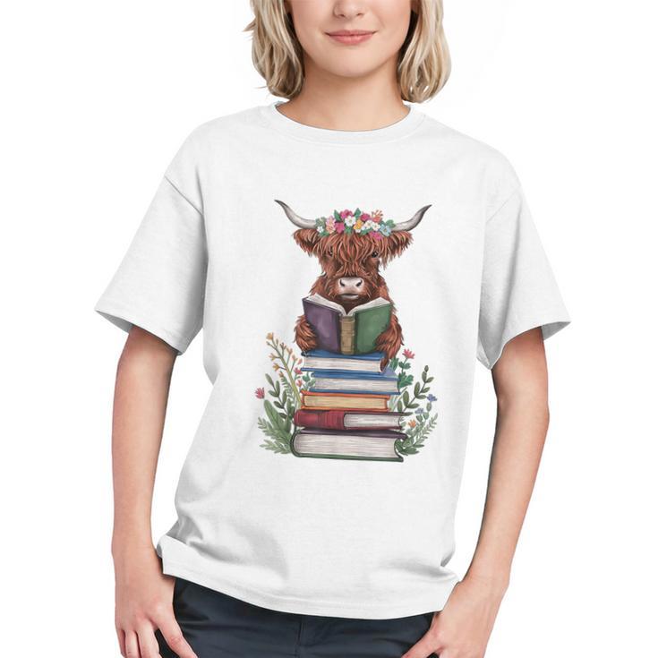 Cute Highland Cow With Book Floral Bookworm Librarian Book Graphic Youth
