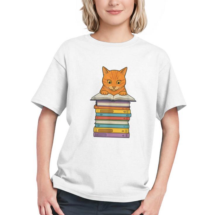 Cute Orange Tabby Cat Reading On Pile Of Books Graphic Youth