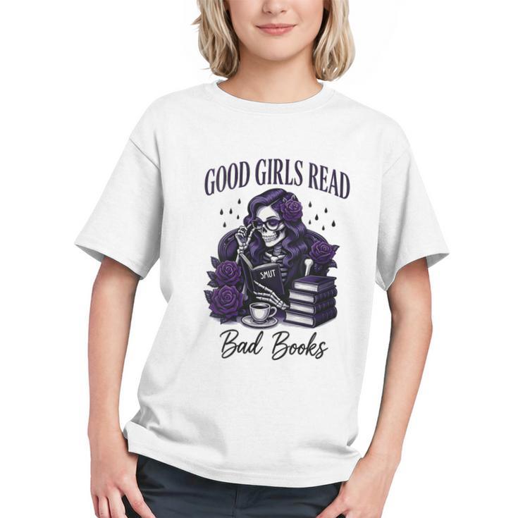 Good Girls Read Bad Books Sarcastic Skeleton Goth Skull Graphic Youth