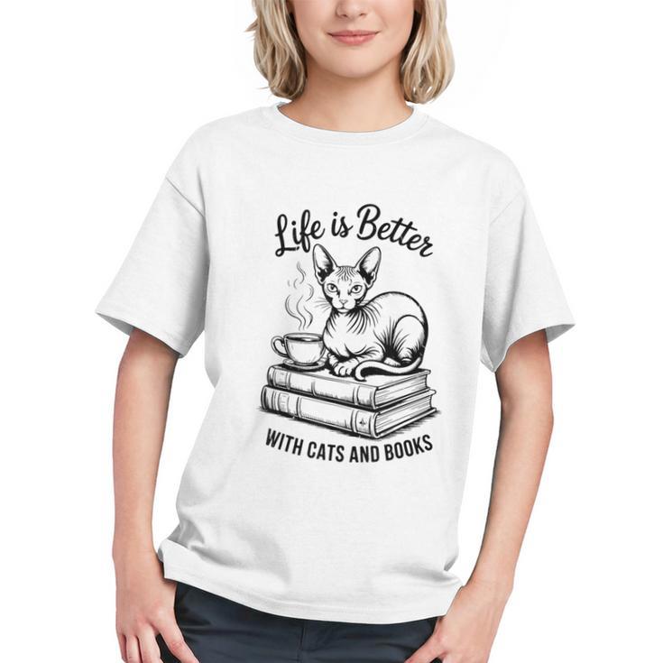 Life Is Better With Cats & Books Sphynx Cat Mom Women Graphic Youth