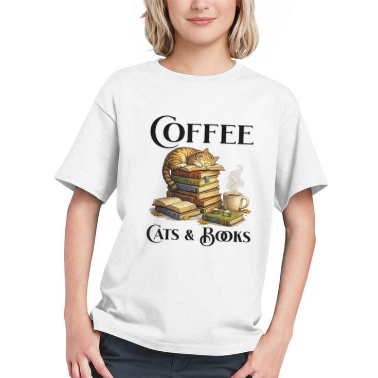 Sleeping Cat And Books With Coffee Lover Graphic Youth