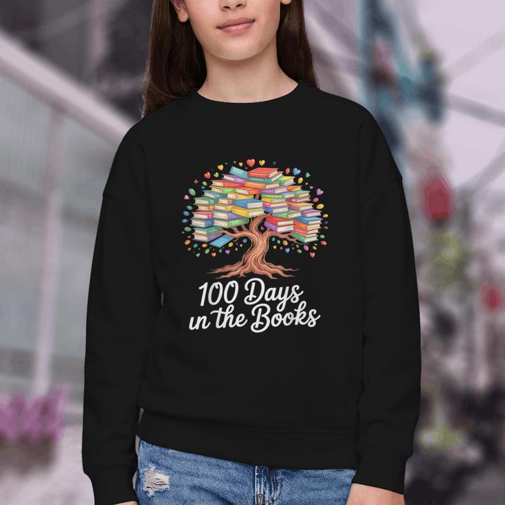 100th Day Of School Books Tree Reading Youth Crewneck Sweatshirt