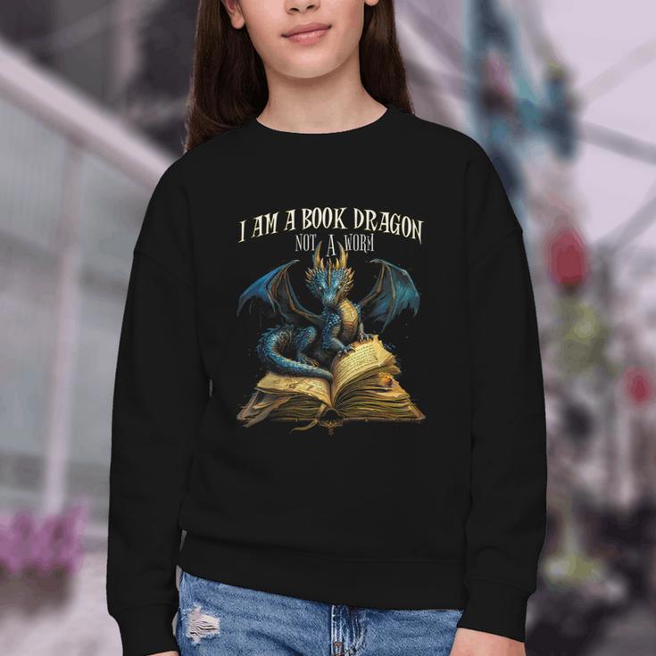 3 Bookish Quote I Am a Book Dragon Not a Worm Reading Book Youth Crewneck Sweatshirt