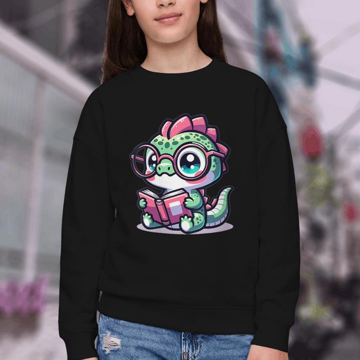 Adorable Book Lover Basilisk With Reading Glasses Cute Youth Crewneck Sweatshirt
