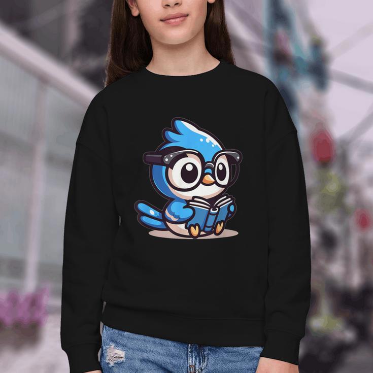 Adorable Book Lover Blue Jay With Reading Glasses Cute Youth Crewneck Sweatshirt