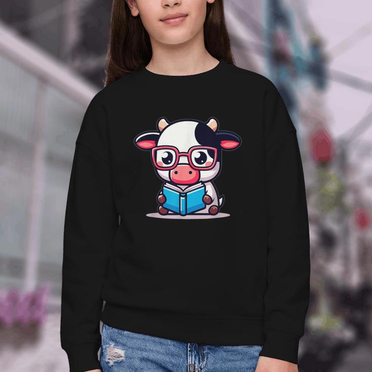 Adorable Book Lover Cow With Reading Glasses Cute Youth Crewneck Sweatshirt