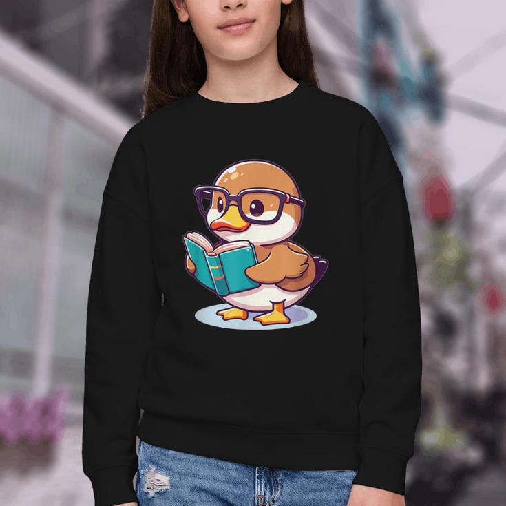 Adorable Book Lover Mallard Duck With Reading Glasses Cute Youth Crewneck Sweatshirt