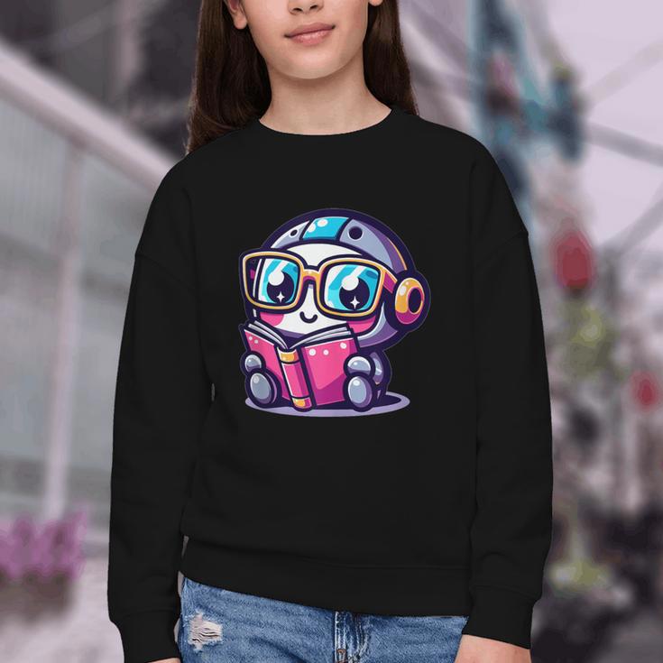 Adorable Book Lover Robot With Reading Glasses Cute Youth Crewneck Sweatshirt