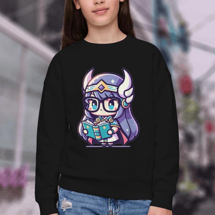 Adorable Book Lover Valkyrie With Reading Glasses Cute Youth Crewneck Sweatshirt