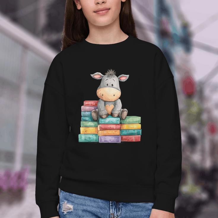 Adorable Donkey With Heart Sitting On Colorful Book Stack Youth Crewneck Sweatshirt