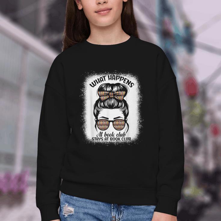Book Lover What Happens At Book Club Stays Messy Bun Girls Youth Crewneck Sweatshirt