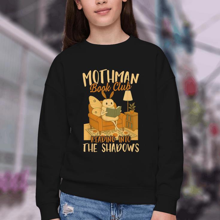 Book Lover Moth Mothman Book Club Reading Into Shadows Youth Crewneck Sweatshirt Book Lover Moth Mothman Book Club Reading Into Shadows Youth Crewneck Sweatshirt