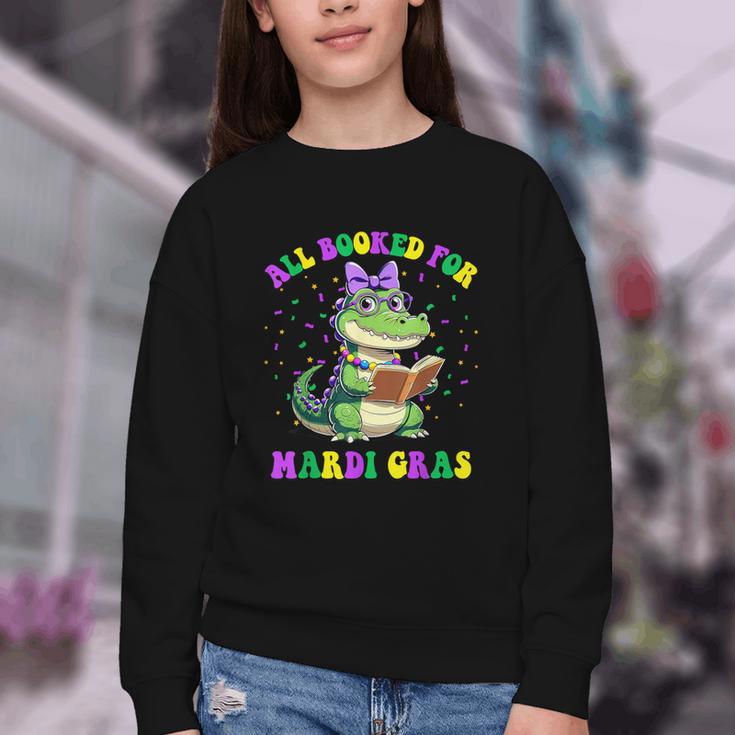 All Booked For Mardi Gras Crocodile Reading Book Teacher Youth Crewneck Sweatshirt
