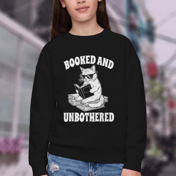 Booked And Unbothered Cat Reading Book Lovers Youth Crewneck Sweatshirt