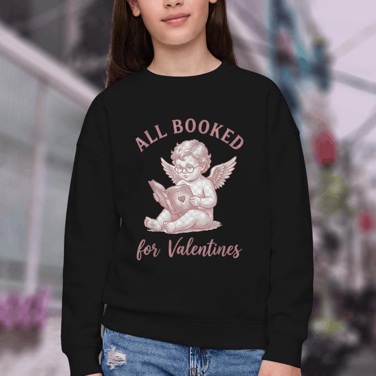 All Booked For Valentines Cute Cherub Vintage Book Lover Youth Crewneck Sweatshirt
