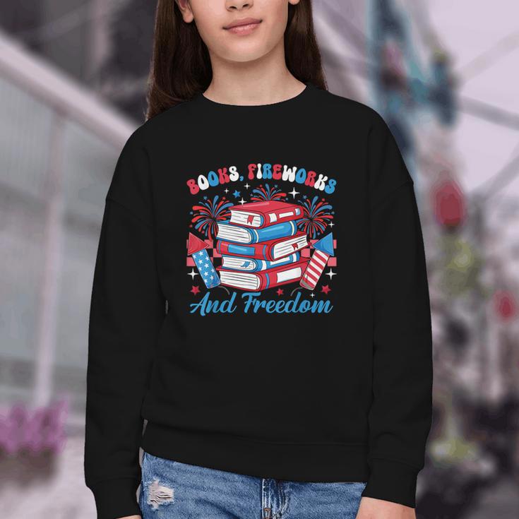 Books Fireworks And Freedom Independence Day Book Lover Youth Crewneck Sweatshirt