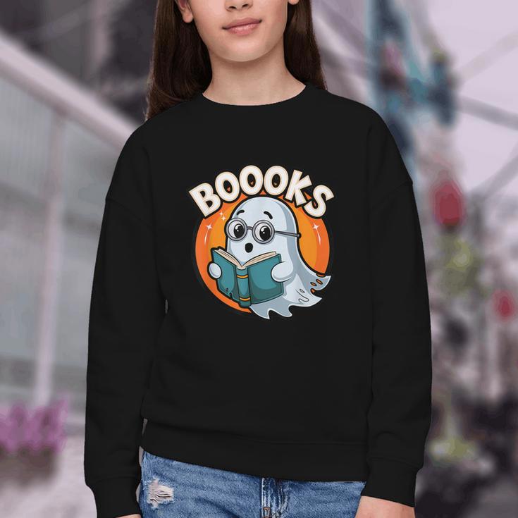 BOOOKS Cute Ghost Reading Books Halloween Youth Crewneck Sweatshirt