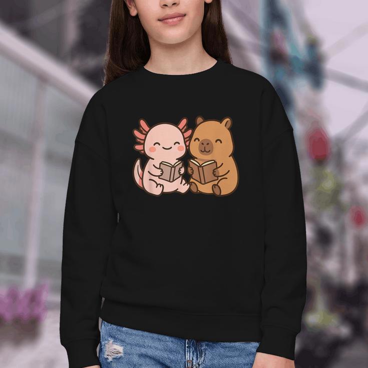 Capybara Axolotl Kawaii Kids Anime Book Lover Reading Youth Crewneck Sweatshirt Capybara Axolotl Kawaii Kids Anime Book Lover Reading Youth Crewneck Sweatshirt