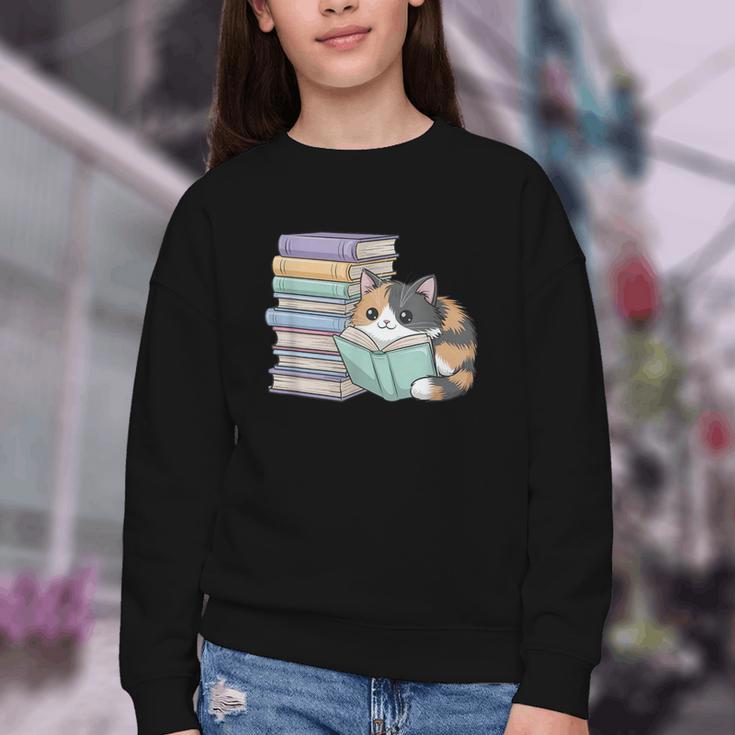 Cat On Books Pets Cats Reading Book Nerd Read Reader Bookcat Youth Crewneck Sweatshirt