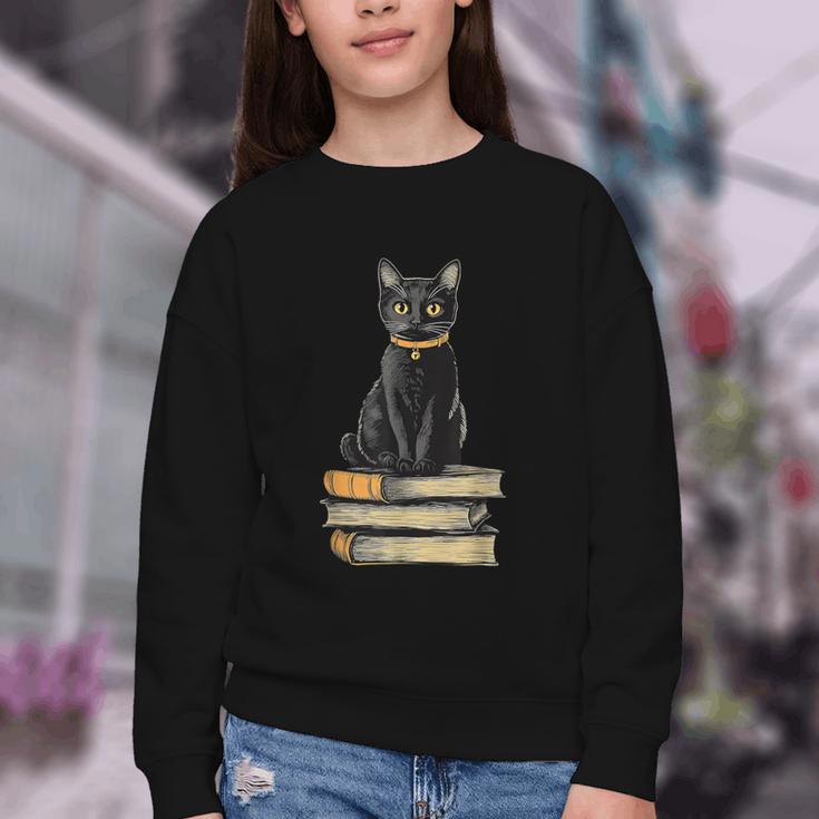 Cat Sitting On Books Youth Crewneck Sweatshirt