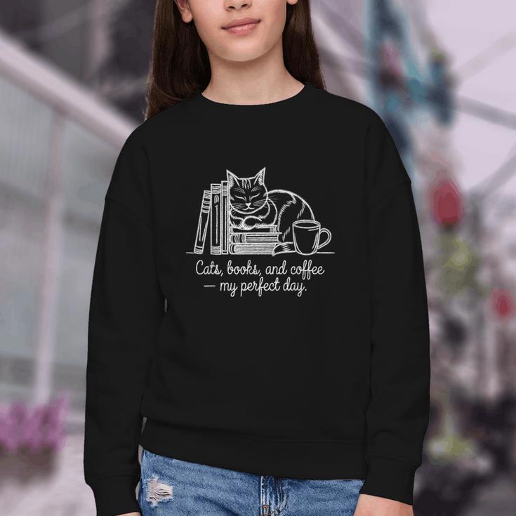 Cats Books And Coffee – My Perfect Day Cat Lover Youth Crewneck Sweatshirt