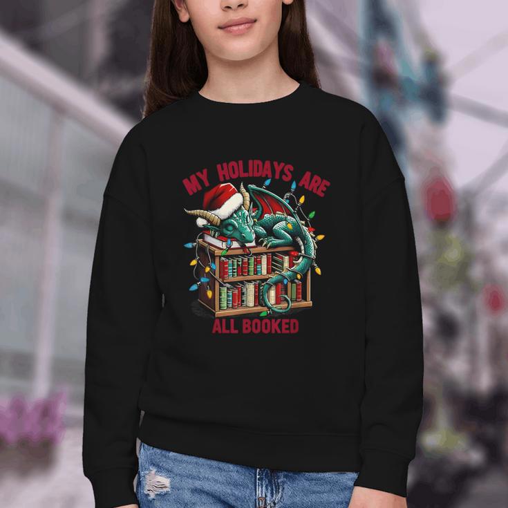 Christmas Dragon My Holidays Are All Booked Book Lovers Kids Youth Crewneck Sweatshirt