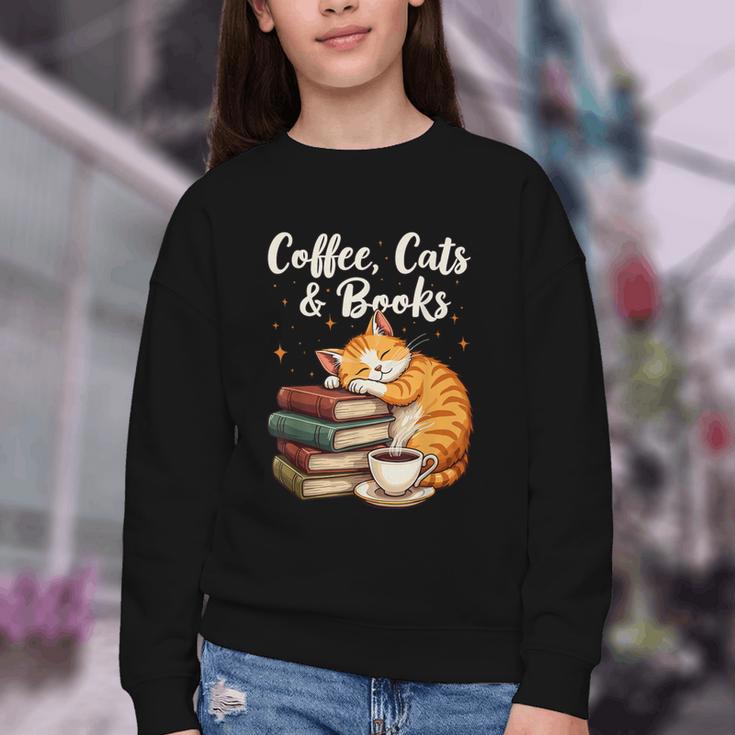 Coffee Cats & Books Lover For Women & Girls Coffee Youth Crewneck Sweatshirt