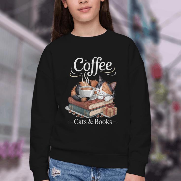 Coffee Cats And Books Cozy Calico Reader Love Cute Cat Youth Crewneck Sweatshirt