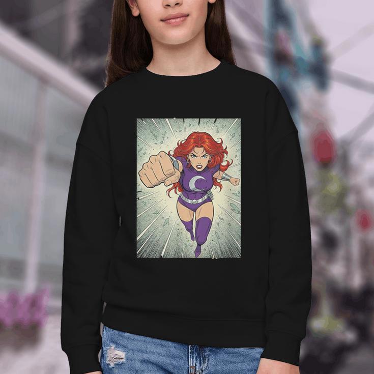 The Crimson Crescent 90s Retro Comic Book Superheroine Art Youth Crewneck Sweatshirt