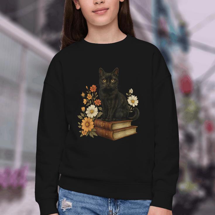 Cute Cat Book Flowers Youth Crewneck Sweatshirt