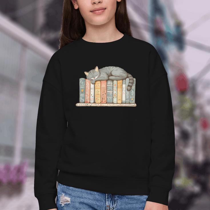 Cute Cat Sleeping On Books Youth Crewneck Sweatshirt