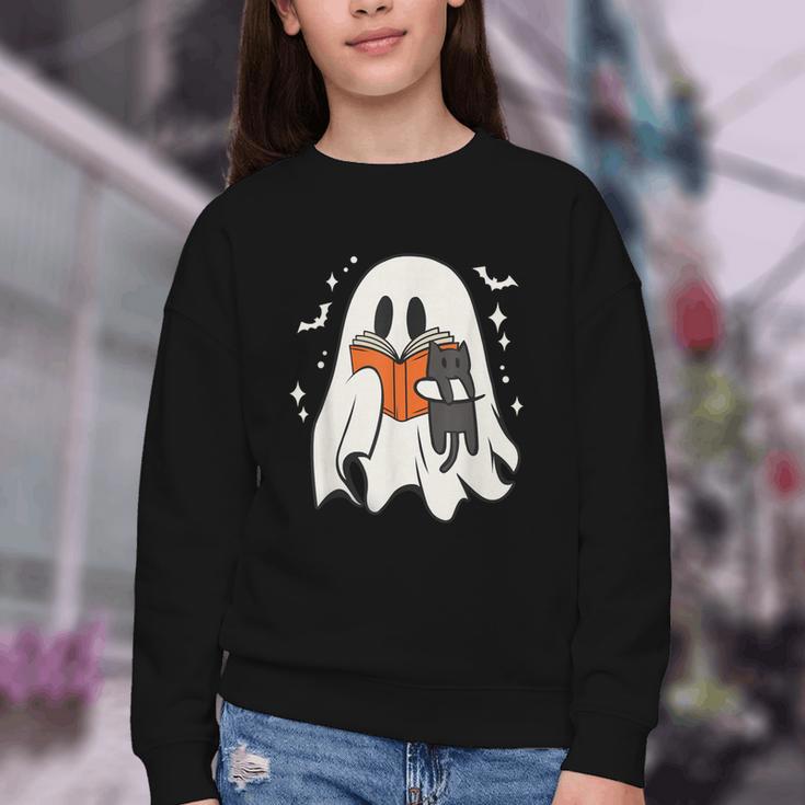 Cute Ghost Reading Book Spooky Season Halloween Costume Kids Youth Crewneck Sweatshirt