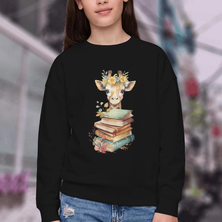 Cute Giraffe With Book Floral Bookworm Librarian Book Lover Youth Crewneck Sweatshirt
